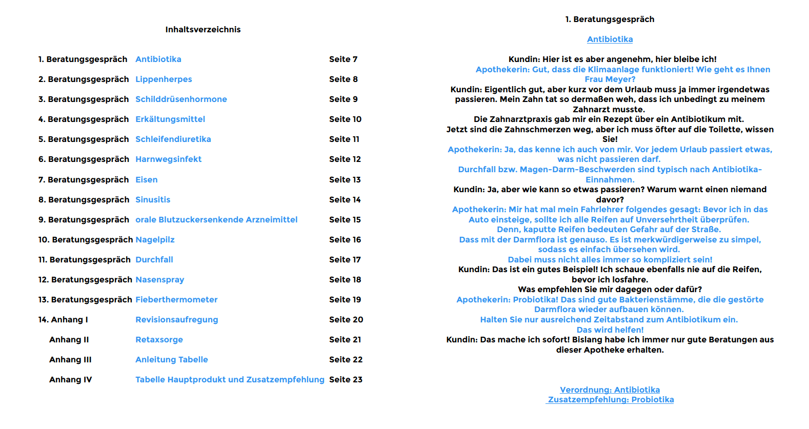 Beratungsgesprächsvorlage vom Zusatzverkaufsberater aposym für eine Zusatzempfehlung bei einem Antibiotikum für die Apotheke vor Ort.